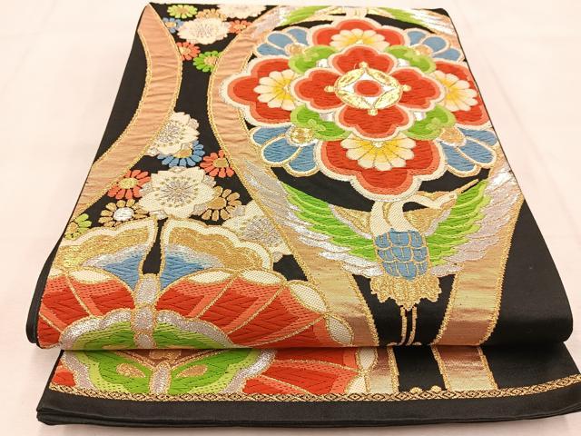 平和屋着物◎六通柄袋帯　立涌向かい動物花文　黒地　金銀糸　正絹　逸品　BAAU6041yc