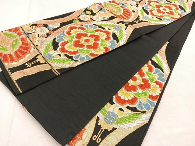 平和屋着物◎六通柄袋帯　立涌向かい動物花文　黒地　金銀糸　正絹　逸品　BAAU6041yc
