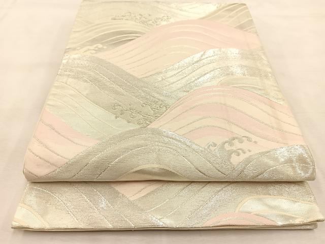 平和屋着物◎六通柄袋帯　立波文　銀糸　正絹　逸品　BAAU6105yc