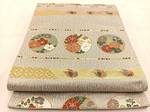 平和屋着物◎六通柄袋帯　唐織　花蝶丸文　金糸　正絹　逸品　BAAU6114yc