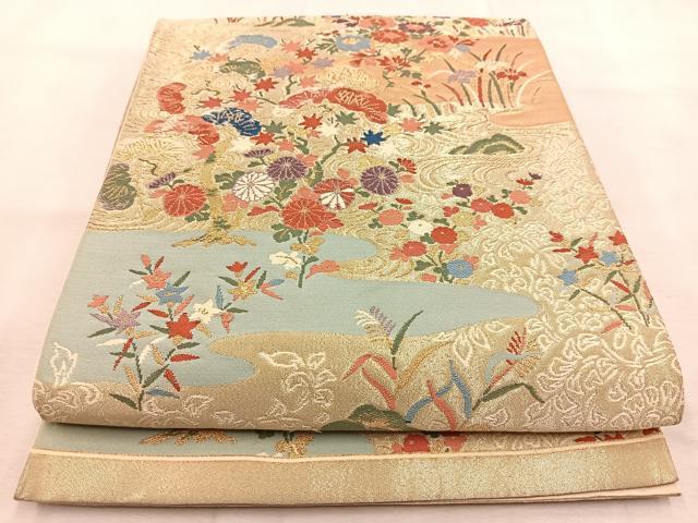 平和屋着物◎六通柄袋帯　唐織　流水秋草文　金糸　正絹　逸品　BAAU6165yc