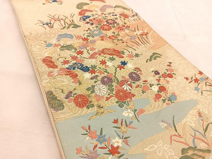 平和屋着物◎六通柄袋帯　唐織　流水秋草文　金糸　正絹　逸品　BAAU6165yc