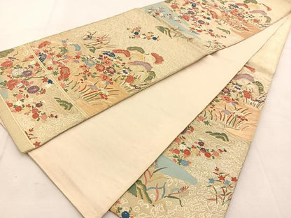 平和屋着物◎六通柄袋帯　唐織　流水秋草文　金糸　正絹　逸品　BAAU6165yc