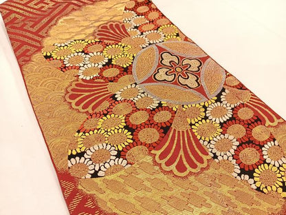 平和屋着物◎太鼓柄　本袋帯　吉祥花文　金糸　正絹　逸品　BAAU6167yc