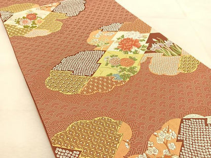 平和屋着物◎六通柄袋帯　唐織　雲取り吉祥花文　正絹　逸品　BAAU6168yc