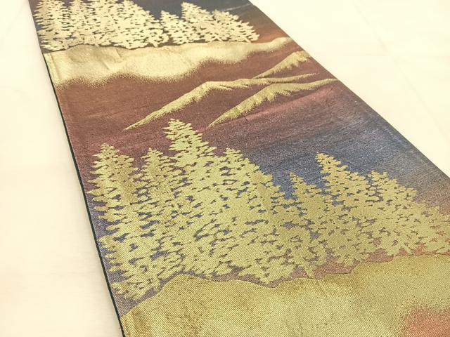 平和屋着物◎六通柄袋帯　遠山樹林シルエット　金糸　正絹　逸品　BAAU6180yc