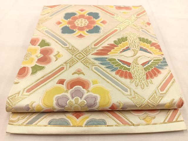 平和屋着物◎六通柄袋帯　ふくれ織　菱天井双鶴花文　金銀糸　正絹　逸品　BAAU6182yc