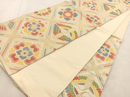 平和屋着物◎六通柄袋帯　ふくれ織　菱天井双鶴花文　金銀糸　正絹　逸品　BAAU6182yc