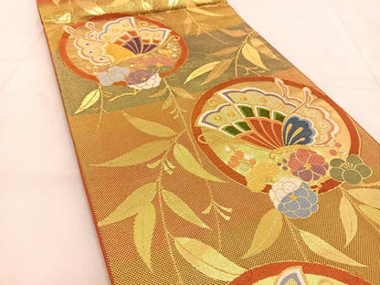平和屋着物◎六通柄袋帯　唐織　花蝶丸文　金糸　正絹　逸品　BAAU6183yc