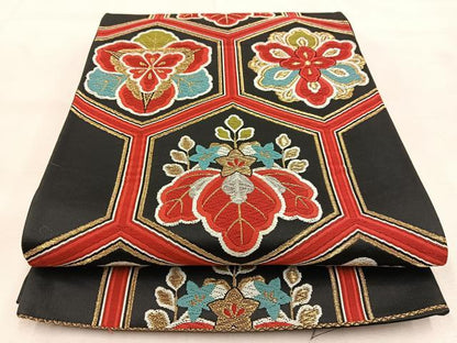 平和屋着物◎六通柄袋帯　唐織　亀甲草花文　黒地　金銀糸　正絹　逸品　BAAU6186yc