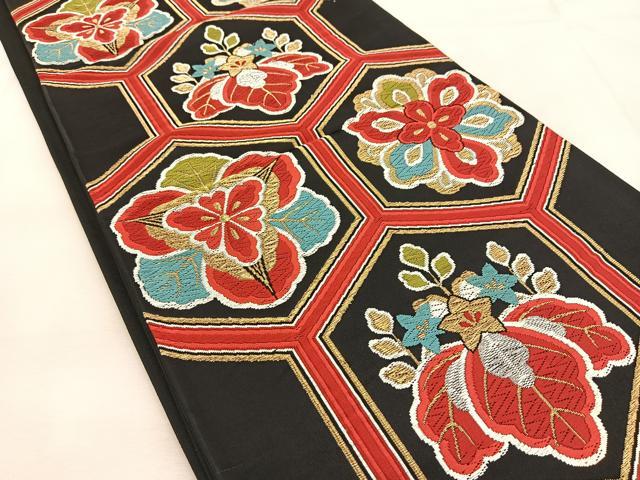 平和屋着物◎六通柄袋帯　唐織　亀甲草花文　黒地　金銀糸　正絹　逸品　BAAU6186yc