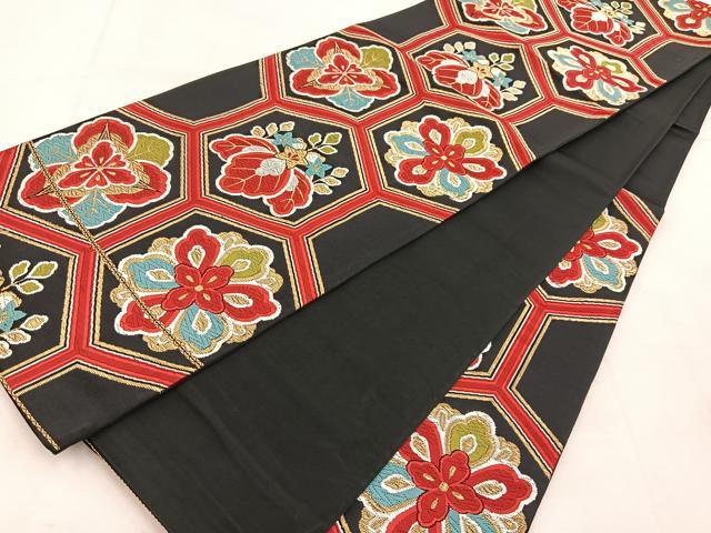 平和屋着物◎六通柄袋帯　唐織　亀甲草花文　黒地　金銀糸　正絹　逸品　BAAU6186yc