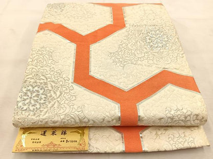 平和屋着物◎西陣　まいづる謹製　唐織　毘沙門亀甲花文　蓮菜錦　銀糸　証紙付き　袋帯　正絹　逸品　BAAU6198yc