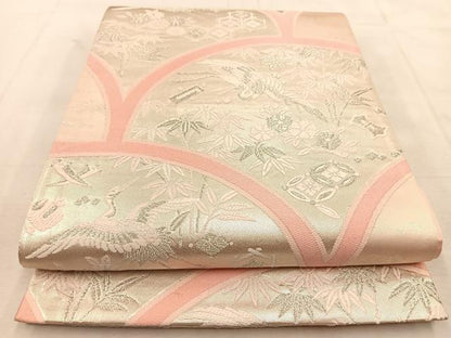 平和屋着物◎六通柄袋帯　唐織　飛鶴花青海波　銀糸　正絹　逸品　BAAU6204yc