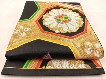平和屋着物◎六通柄袋帯　唐織　蜀江正倉院花文　黒地　金糸　正絹　逸品　BAAU6206yc