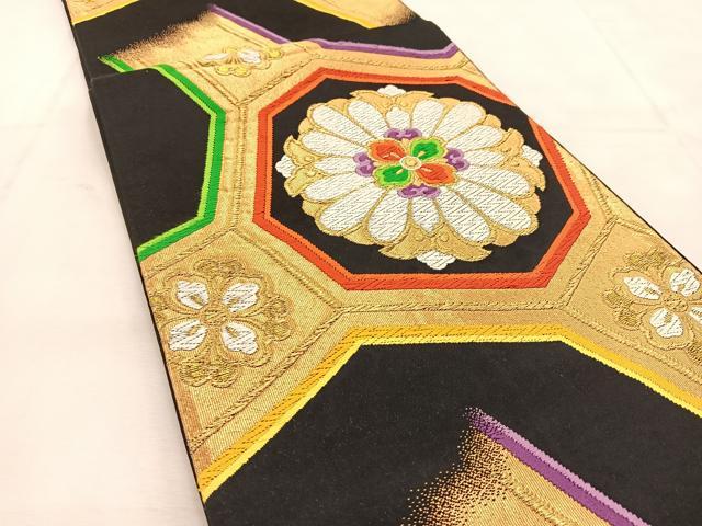 平和屋着物◎六通柄袋帯　唐織　蜀江正倉院花文　黒地　金糸　正絹　逸品　BAAU6206yc