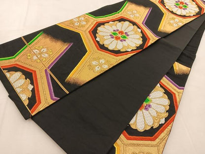 平和屋着物◎六通柄袋帯　唐織　蜀江正倉院花文　黒地　金糸　正絹　逸品　BAAU6206yc