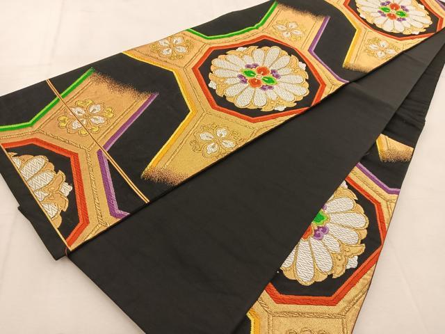 平和屋着物◎六通柄袋帯　唐織　蜀江正倉院花文　黒地　金糸　正絹　逸品　BAAU6206yc