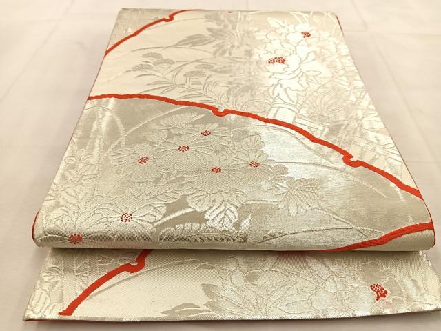 平和屋着物◎六通柄袋帯　唐織　花雪輪青海波　銀糸　正絹　逸品　BAAU6207yc