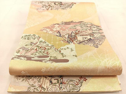 平和屋着物◎六通柄袋帯　風景花文　金銀糸　正絹　逸品　BAAU6213yc