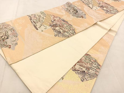 平和屋着物◎六通柄袋帯　風景花文　金銀糸　正絹　逸品　BAAU6213yc