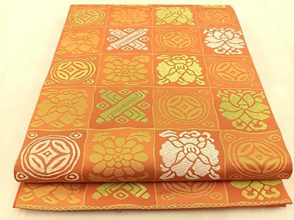 平和屋着物◎全通柄　本袋帯　宝尽くし更紗花文　金糸　正絹　逸品　BAAU6214yc