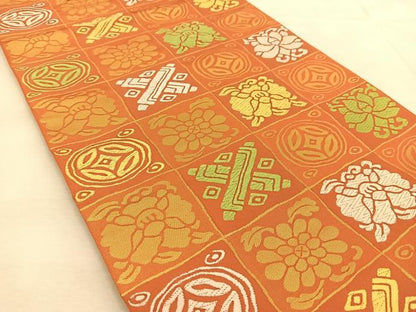 平和屋着物◎全通柄　本袋帯　宝尽くし更紗花文　金糸　正絹　逸品　BAAU6214yc