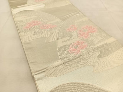 平和屋着物◎六通柄袋帯　唐織　流水牡丹文　銀糸　正絹　逸品　BAAU6224yc