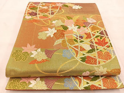 平和屋着物◎六通柄袋帯　唐織　篭草花文　金糸　正絹　逸品　BAAU6250yc