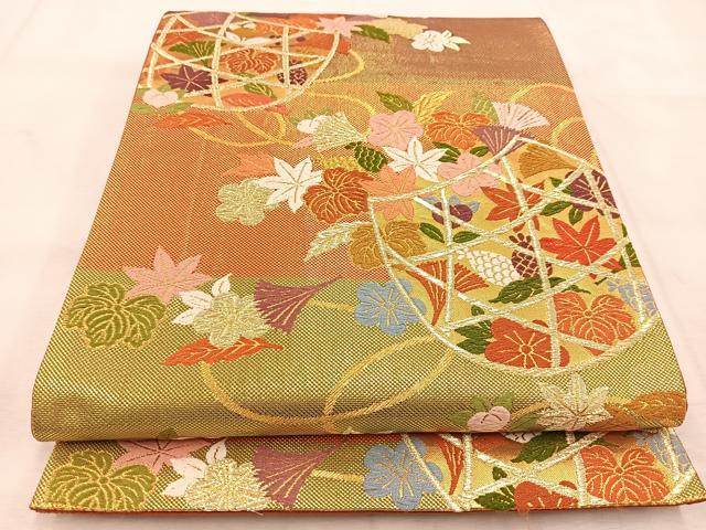 平和屋着物◎六通柄袋帯　唐織　篭草花文　金糸　正絹　逸品　BAAU6250yc