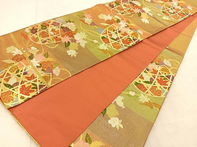 平和屋着物◎六通柄袋帯　唐織　篭草花文　金糸　正絹　逸品　BAAU6250yc
