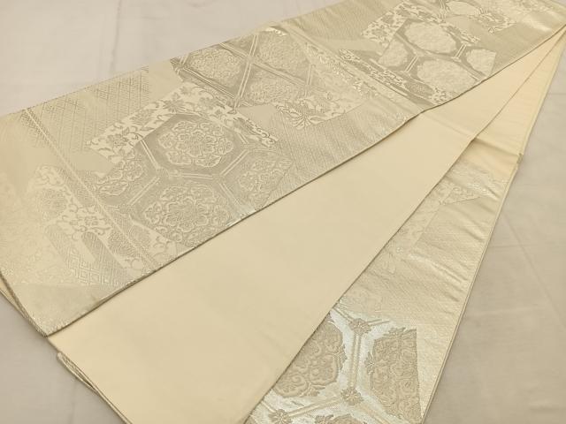 平和屋着物◎太鼓柄袋帯　鳳凰飛鶴更紗花文　銀糸　正絹　逸品　BAAU6255yc