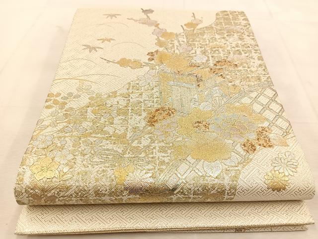平和屋着物◎佐賀錦　太鼓柄袋帯　御所車花文　金銀彩　正絹　逸品　BAAU6260yc