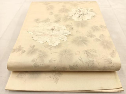 平和屋着物◎太鼓柄袋帯　刺繍　牡丹　銀通し地　正絹　逸品　BAAU6261yc