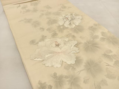 平和屋着物◎太鼓柄袋帯　刺繍　牡丹　銀通し地　正絹　逸品　BAAU6261yc