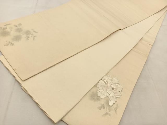 平和屋着物◎太鼓柄袋帯　刺繍　牡丹　銀通し地　正絹　逸品　BAAU6261yc