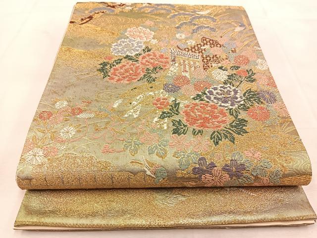 平和屋着物◎六通柄袋帯　唐織　御所車花鳥文　金糸　引箔　正絹　逸品　BAAU6266yc