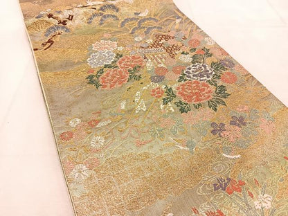平和屋着物◎六通柄袋帯　唐織　御所車花鳥文　金糸　引箔　正絹　逸品　BAAU6266yc