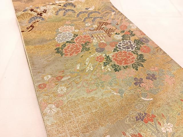平和屋着物◎六通柄袋帯　唐織　御所車花鳥文　金糸　引箔　正絹　逸品　BAAU6266yc
