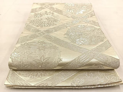 平和屋着物◎六通柄袋帯　菱天井花丸文　銀糸　正絹　逸品　BAAU6270yc