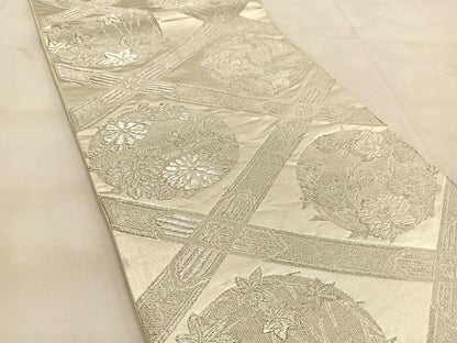 平和屋着物◎六通柄袋帯　菱天井花丸文　銀糸　正絹　逸品　BAAU6270yc