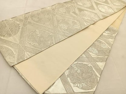 平和屋着物◎六通柄袋帯　菱天井花丸文　銀糸　正絹　逸品　BAAU6270yc