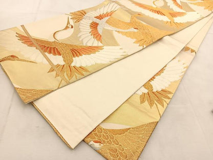 平和屋着物◎六通柄袋帯　唐織　群鶴　金銀糸　正絹　逸品　BAAU6271yc
