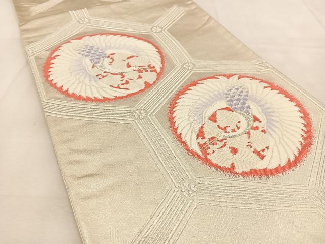 平和屋着物◎六通柄袋帯　唐織　亀甲飛鶴丸文　銀糸　正絹　逸品　BAAU6276yc