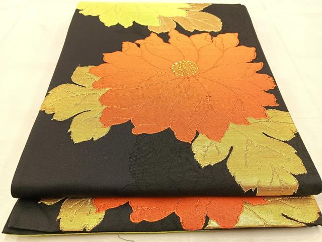 平和屋着物◎六通柄袋帯　唐織　牡丹　黒地　金糸　正絹　逸品　BAAU6277yc