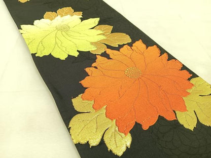 平和屋着物◎六通柄袋帯　唐織　牡丹　黒地　金糸　正絹　逸品　BAAU6277yc