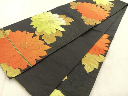 平和屋着物◎六通柄袋帯　唐織　牡丹　黒地　金糸　正絹　逸品　BAAU6277yc