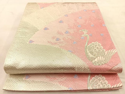 平和屋着物◎六通柄袋帯　唐織　孔雀　銀糸　正絹　逸品　BAAU6278yc
