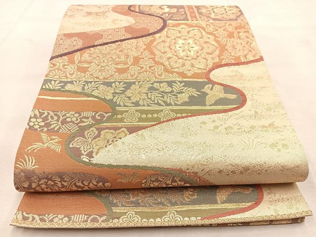 平和屋着物◎六通柄袋帯　唐織　エ霞更紗花鳥文　金糸　正絹　逸品　BAAU6280yc