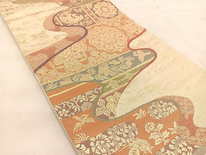 平和屋着物◎六通柄袋帯　唐織　エ霞更紗花鳥文　金糸　正絹　逸品　BAAU6280yc